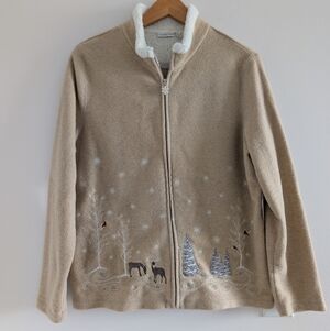 croft & barrow Beige Sherpa-Lined Zip Front Sweater with Winter Scene